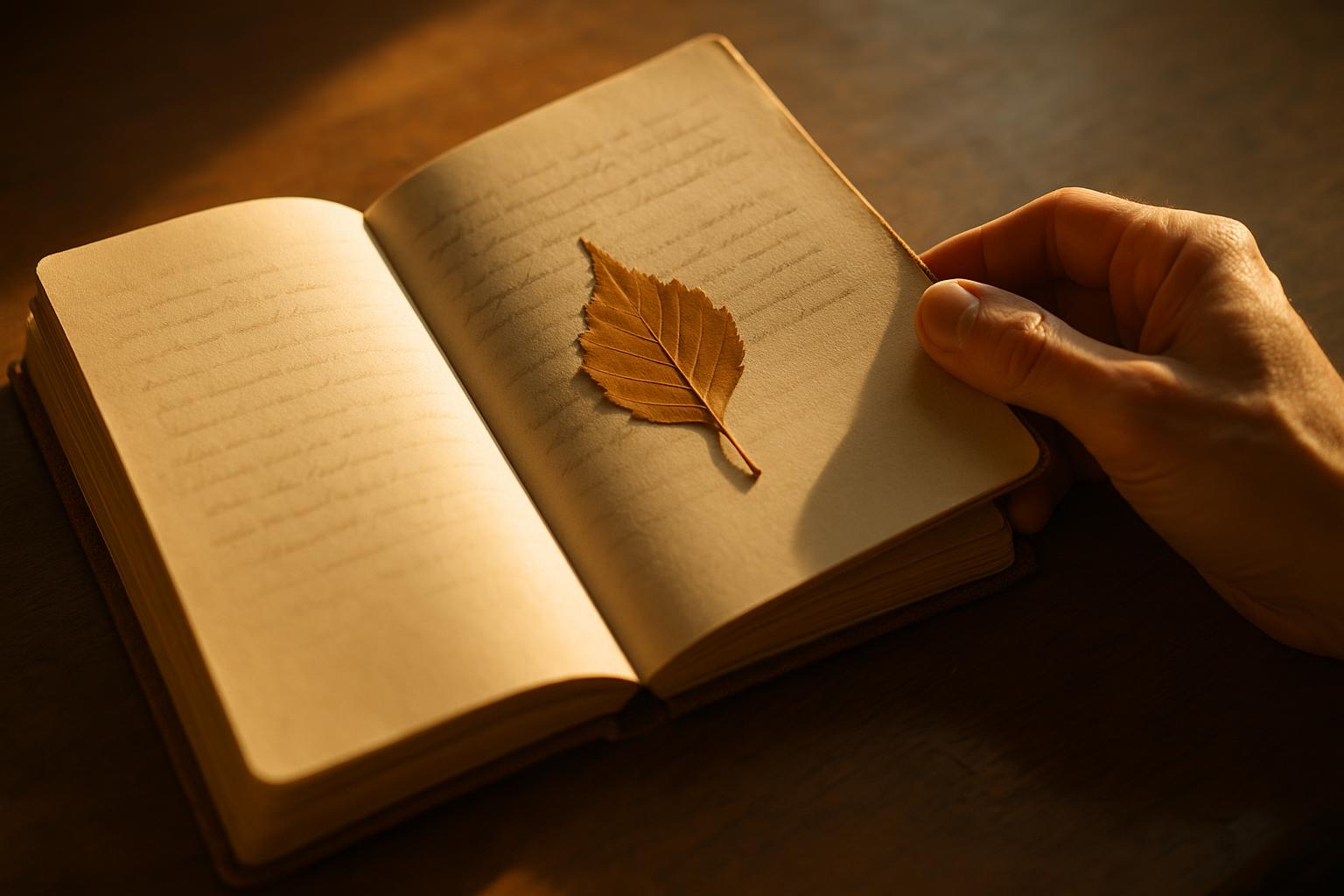 Handwritten journal being closed with a pressed leaf bookmark — how to end a memoir
