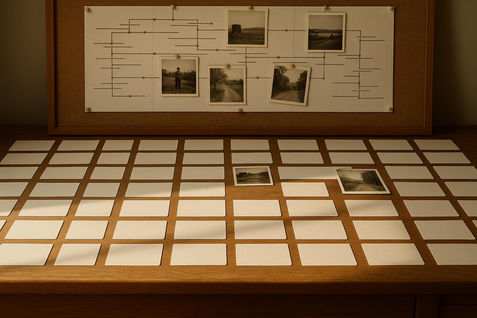 Person organizing memoir notes and chapters at a writing desk