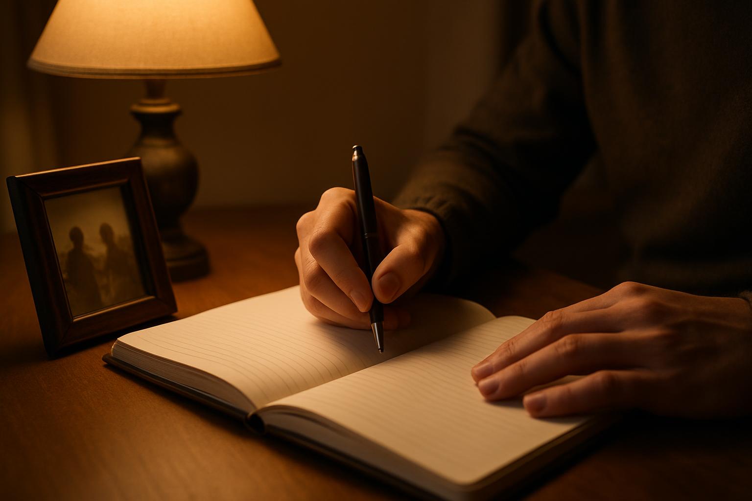 Memoir writing exercises — pen, notebook, and old photographs on a writing desk